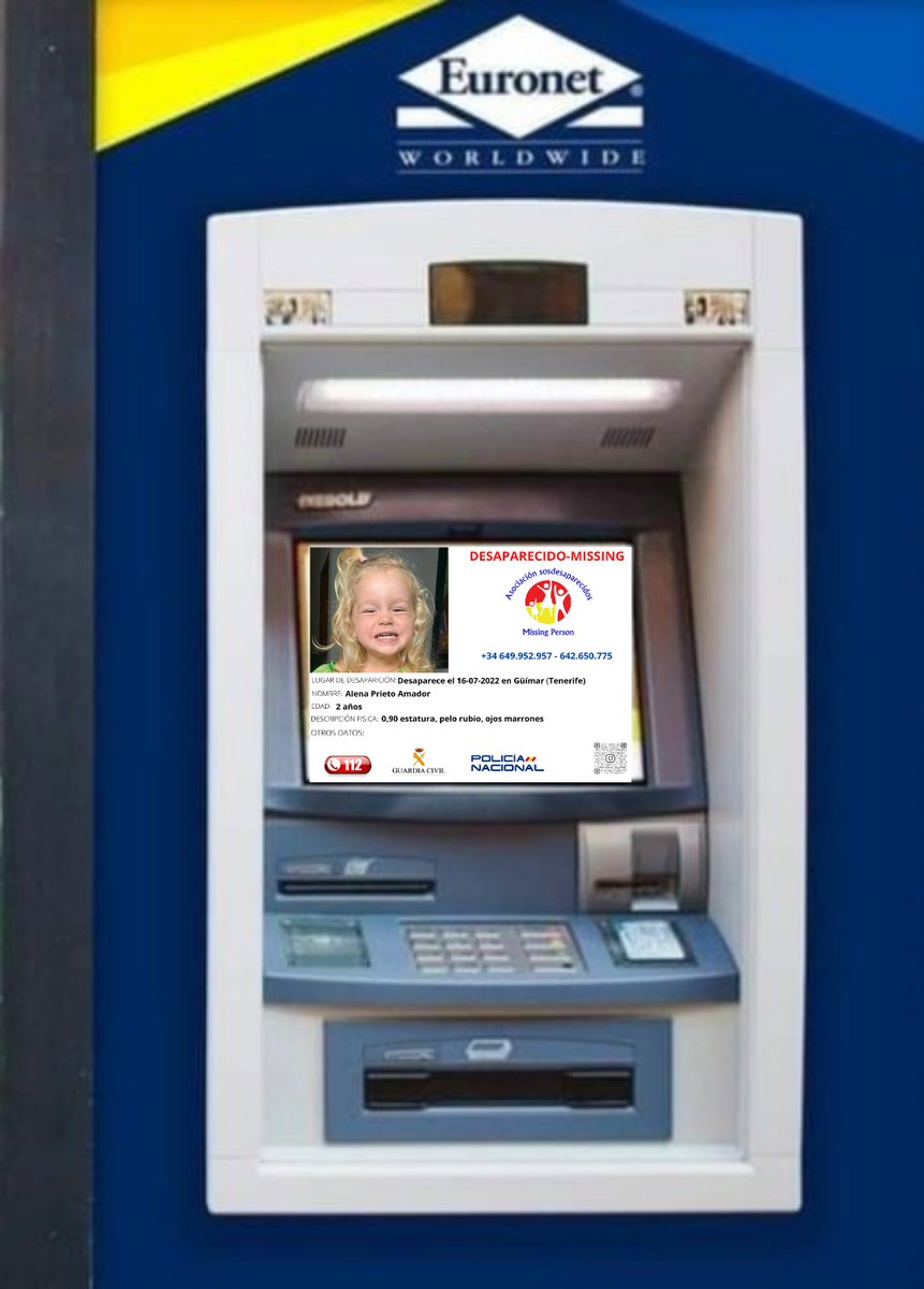 🔉Activamos la Red de cajeros automáticos @EuronetATMsEU para difundir la alerta de Alena Prieto, desaparecida en #Güímar 

#Desaparecidos #Tenerife #sosdesaparecidos #España 
#EuronetATMsEU