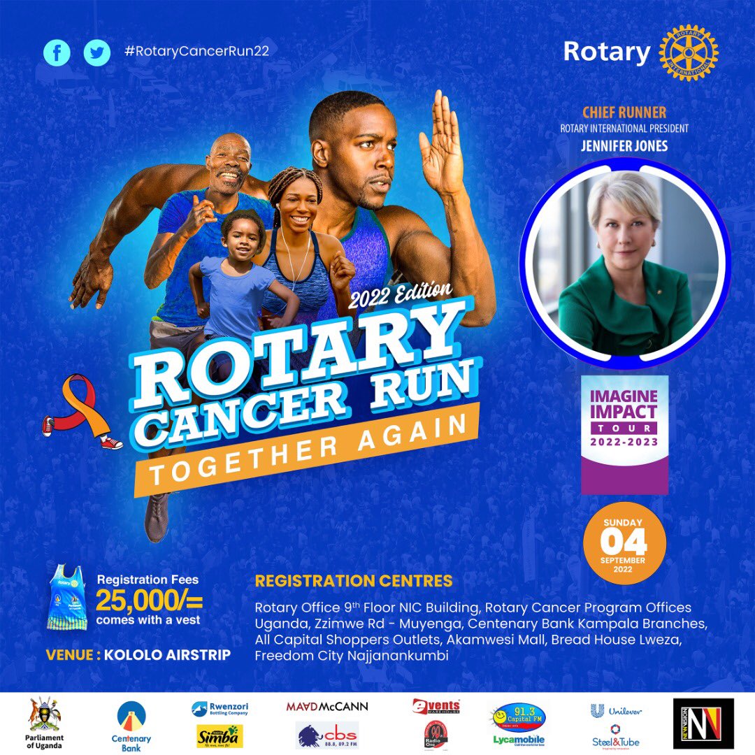 UgRotaryCancerP's tweet photo. As part of her visit to #Uganda, @Rotary President @JenJonesRotary our Chief Runner will flag off the 11th edition of the #RotaryCancerRun22 on Sunday 4th September at Kololo ceremonial grounds. 

Register to take part in this historical run at Ugx. 25,000/- #RIPresidentVisitsUg https://t.co/kQjOwKX5p9