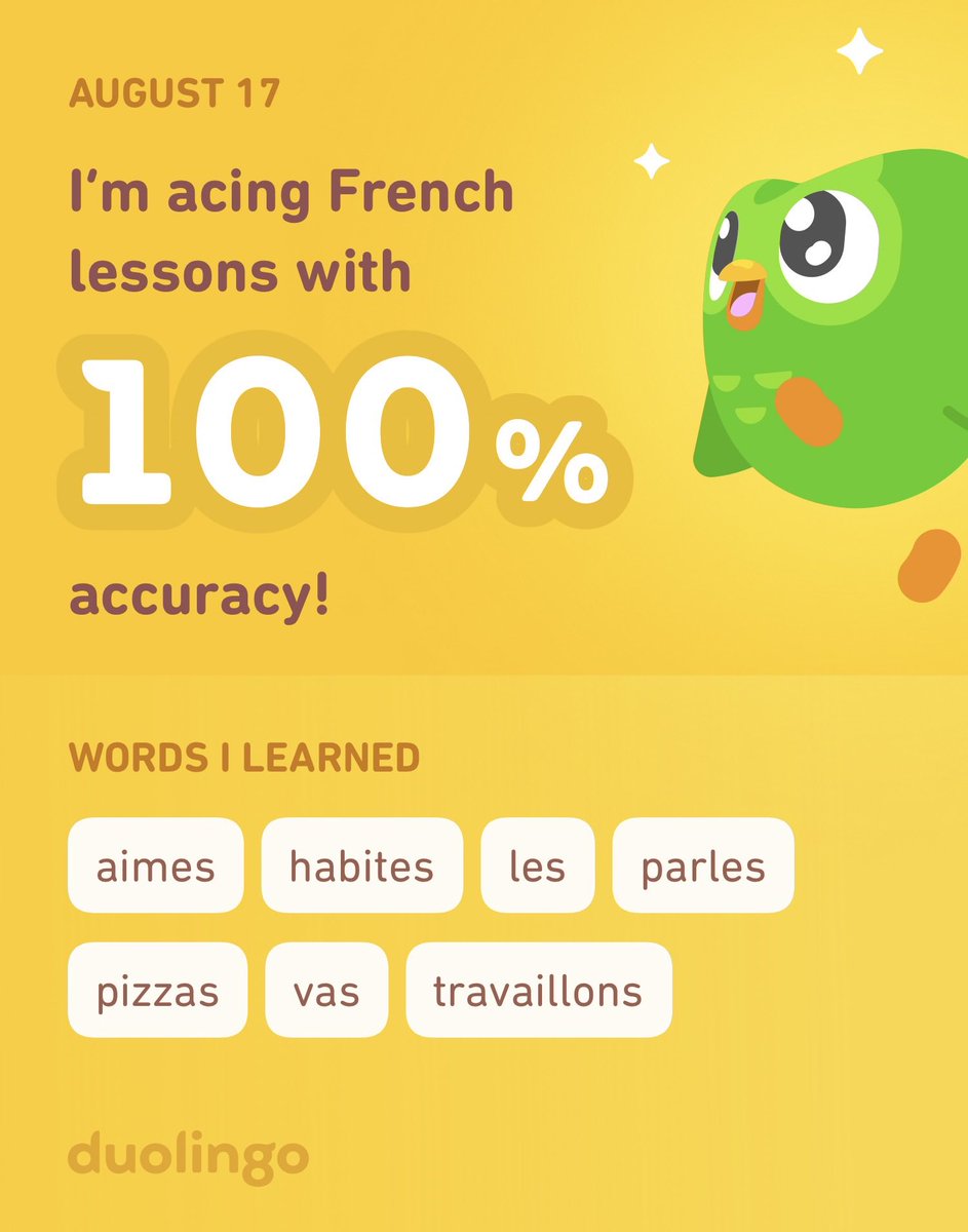 Woohoo! Looks like I still remember my French 10 &amp; 11 from many moons ago. Enjoying ⁦<a href="/duolingo/">Duolingo</a>⁩ ✨
