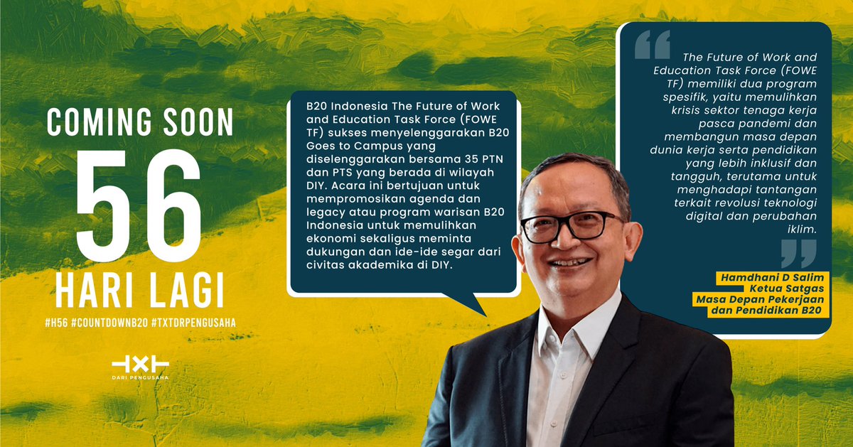 txtdrpengusaha's tweet photo. B20 Indonesia The Future of Work and Education Task Force (FOWE TF) sukses menyelenggarakan B20 Goes to Campus yang diselenggarakan bersama 35 PT dan PTS yang berada di wilayah DIY.
#b20 #h56 #countdownb20 #arsjadrasjid #perguruantinggi #txtdrpengusaha https://t.co/biNKZsYwND