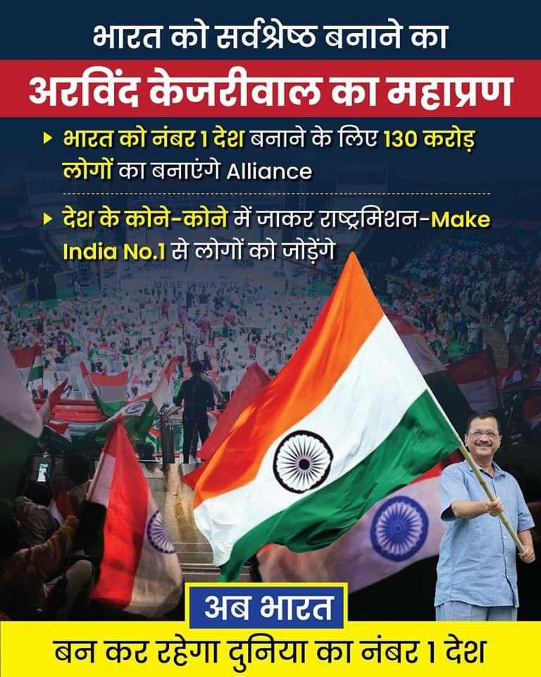 aapkatohid's tweet photo. हम प्रण लेते हैं-
जब तक भारत को दुनिया का नम्बर -1 देश नहीं बना देते, हम चैन से नहीं बैठेंगे। 

@ArvindKejriwal :-  मैं देश के कोने-कोने में जाऊंगा और देश के 130 करोड़ लोगों का गठबंधन बनाऊंगा।

भारत माता की जय, 
जय हिंद 🇮🇳

#MakeIndiaNo1 https://t.co/psQOTMQuAd