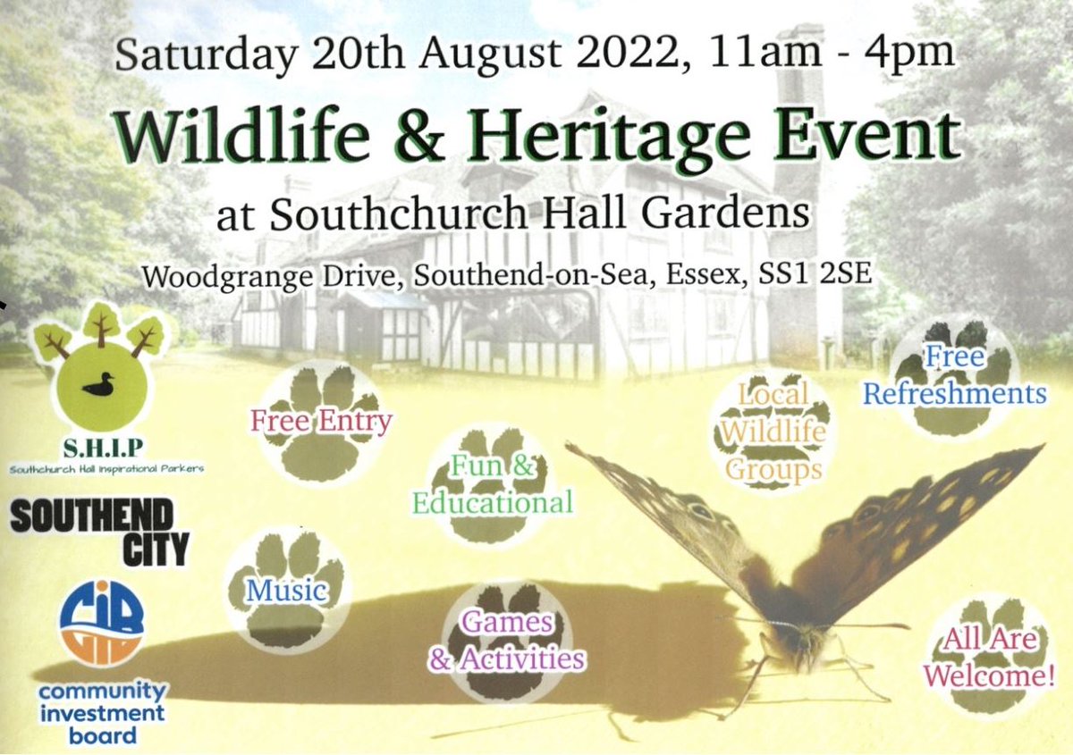 🌳 THIS SATURDAY 🌳 Stop by @SouthendParks Southchurch Hall Gardens for the FREE Wildlife & Heritage event by @SHIP_Parkers! 📆 Saturday 20 August 🕐 11am - 4pm 🎵 Music ✨ Games and activities 🐾 Local wildlife groups Everyone is welcome! 👉 bit.ly/3C1L7Xz