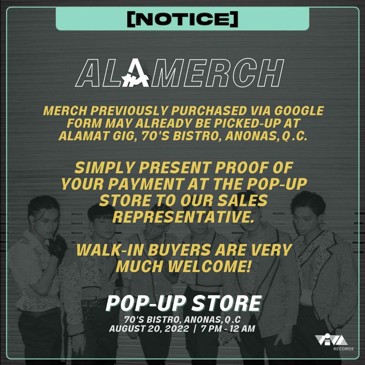viva_records's tweet photo. [#ALAMERCH NOTICE] 

Pre-orders purchased via Google Form may already be picked-up at ALAMAT GIG, 70’s Bistro, Anonas, Q.C. POP-UP Store is open for walk-in buyers. 

#ALAMATGIG #ALAMAT 
@Official_ALAMAT @ALAMAT_members https://t.co/RKjrI40X36