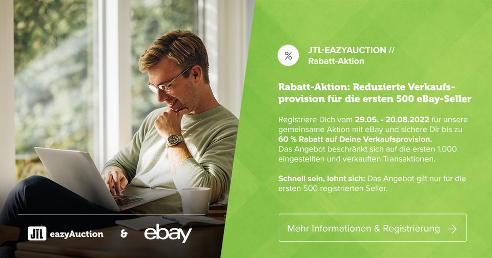 JTL-Software-GmbH (@jtlsoftware) on Twitter photo Reduzierte Verkaufsprovision für Nutzer von JTL-eazyAuction auf <a href="/eBayDE/">eBay Deutschland</a>: jetzt schnell sein, Aktion gilt nur noch bis zum 20. August!
👉Alle Infos findet Ihr hier: cloud.forbusiness.ebay.com/Rabatt-auf-die…
#ebay #jtlsoftware #jtleazyauction #ecommerce #onlinehandel #rabattaktion #ebayseller Reduzierte Verkaufsprovision für Nutzer von JTL-eazyAuction auf <a href="/eBayDE/">eBay Deutschland</a>: jetzt schnell sein, Aktion gilt nur noch bis zum 20. August!
👉Alle Infos findet Ihr hier: cloud.forbusiness.ebay.com/Rabatt-auf-die…
#ebay #jtlsoftware #jtleazyauction #ecommerce #onlinehandel #rabattaktion #ebayseller