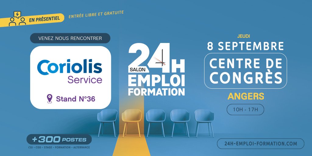 [#Salon] #CoriolisService recrute. 👥 
Venez nous rencontrer lors du salon #24hEmploiFormation le 🗓️ 08/09/2022 au 📍 #CentreDesCongrèsAngers - STAND N°36 - pour découvrir nos métiers et nos offres d'emploi. 🔝 
👉 Entrée Libre et gratuite. 
@l4mfr <a href="/Angers_ALDEV/">Aldev</a> <a href="/Angers/">Ville d'Angers</a> #Emploi