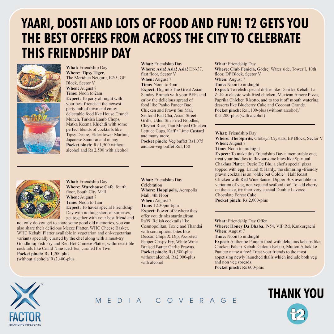 xfactor_events's tweet photo. Friendship’s day biteright listing featured in @t2telegraph Thank you @smita_rcee and @zebaakhtar.ali for the feature!

#xfactorbrandingprevents #XperienceTheXtraordinary #prstories #branding #marketing #advertising #brandstrategy #influencercampaign #mediacommunication https://t.co/QlhHTp5EUa
