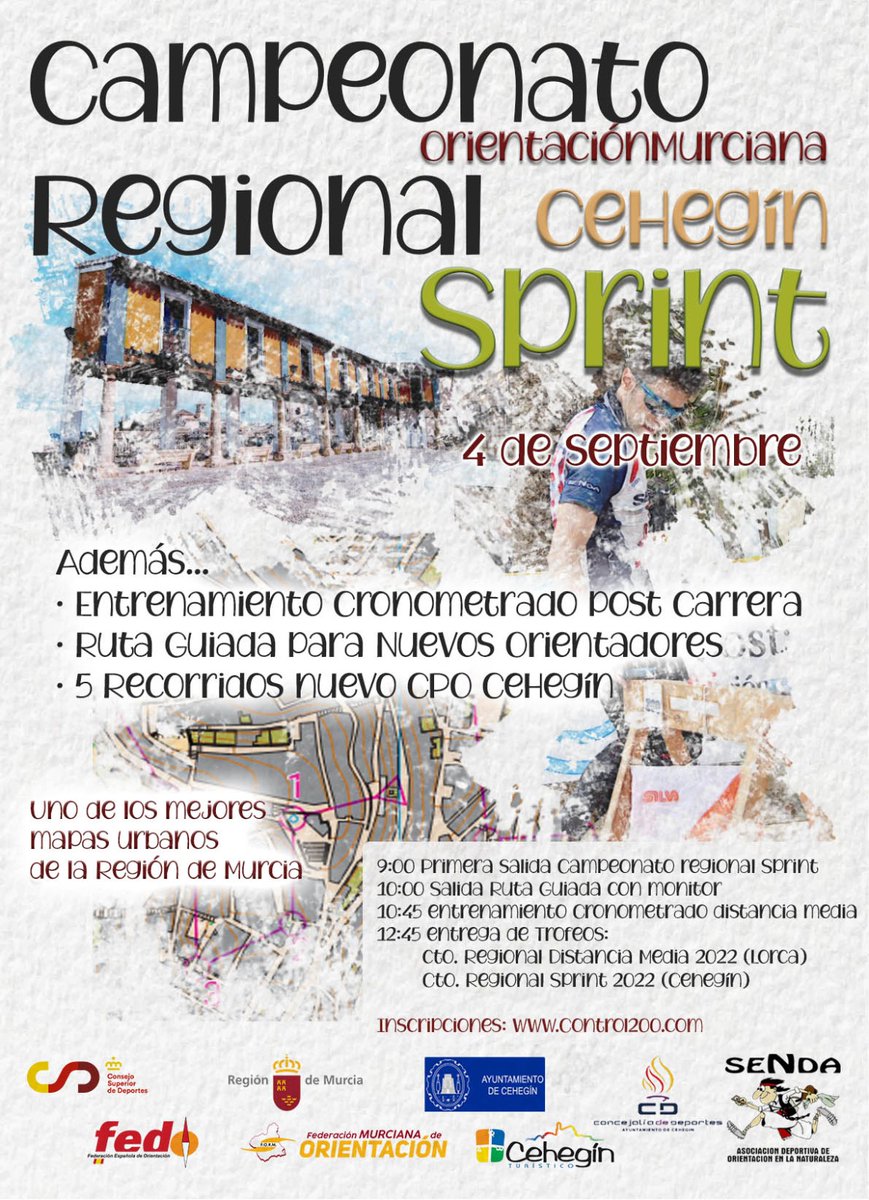 Publicado el BOLETIN 1 del Campeonato Regional de Orientación que se disputará en Cehegín (Urbano). Más información e inscripciones en control200.com

control200.com/Boletin.ashx?E…

#orientacionmurciana #deportedeorientacion #sendaomolina #sendaorientacion #molinadesegura