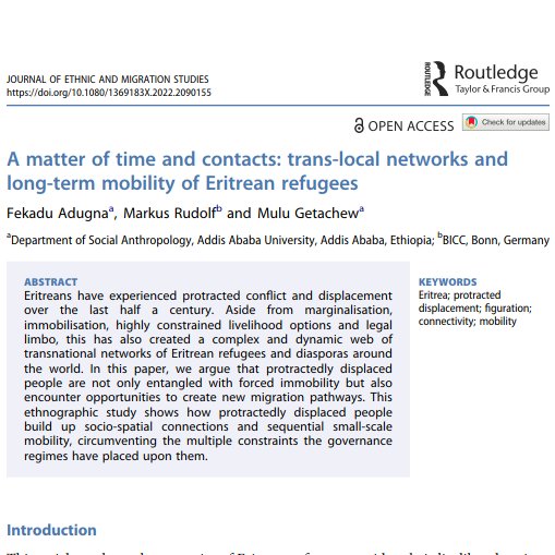TRAFIG_EU's tweet photo. 3⃣rd article in new @scmrjems special issue.
Can #Eritrean #refugees overcome #protractedDisplacement in #Ethiopia?
This depends on scope & quality of their #network #contacts, argue @TufaAdugna, M Getachew @AddisAbabaUnive & @blauerkojote @BICC_Bonn.
👉 https://t.co/7ISoeqzprG https://t.co/3iFjsvGytI