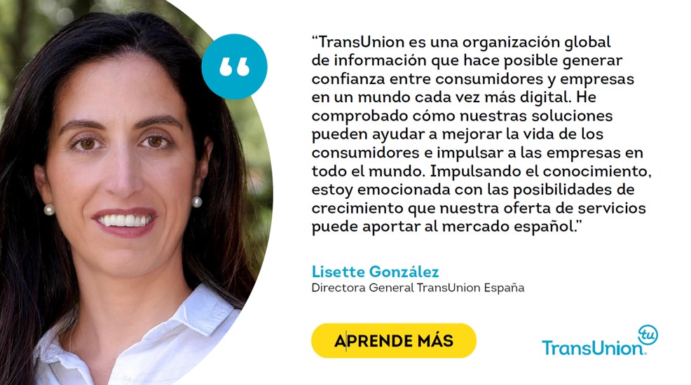 TransUnionSpain's tweet photo. Nos complace anunciar el #nombramiento de Lisette González como Directora General de TransUnion en España. Lisette es una consumada líder de #serviciosbancarios y #financieros que ha ejercido de CRO de TransUnion Colombia desde 2017. Más información https://t.co/IjFFFcIrNc https://t.co/otkI8aEBoo
