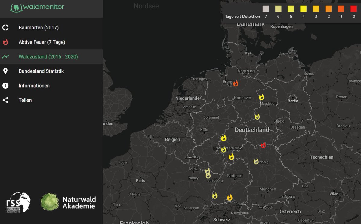 NaturwaldAk's tweet photo. 🔥Wo brennt's? 👁️Im #Wald! 🌲🔥🌲 Der https://t.co/HdMMd0MKVE zeigt ab sofort per Satelliten-Fernerkundung, wo es in 🇩🇪 Wäldern &amp; Forsten brennt. Kostenlos &amp; mehrfach am Tag aktualisiert. @rssgmbh https://t.co/NsH3rjFtBD