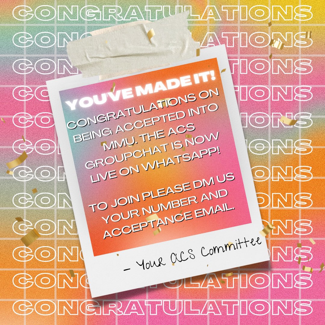 manmetacs's tweet photo. CONGRATULATIONS to everyone who got
their offer into MMU🥳Now you can relax as all the stress of off you.
You can now join our ACS group chat for 22/23 which will be on whatsapp‼️ Drop
us a DM on our Instagram : @mmuacs or dm us here 🙌🏾
#mmuacs #freshers #alevels2022 https://t.co/tWeQkJvcne