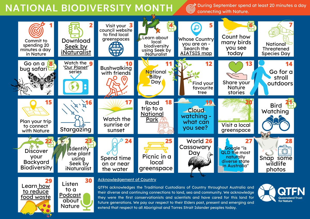 QldTFN's tweet photo. #NationalBiodiversityMonth is fast approaching. QLD is Australia's most naturally diverse state - so lets celebrate &amp; connect with Nature. 
We challenge you to spend at least 20 minutes per day connecting with Nature. 
Go here to download the calendar: https://t.co/C8j2cOyXf8 https://t.co/gxP4CPHVkp