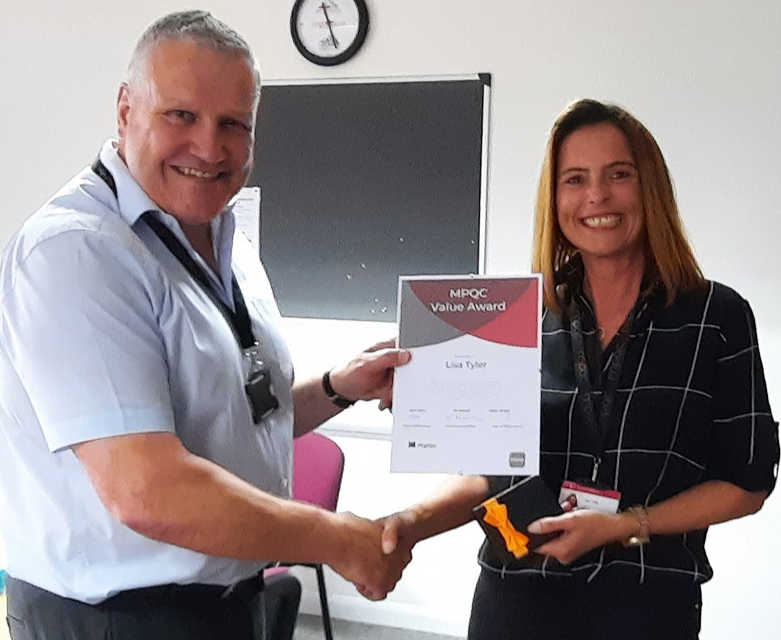 Lisa Tyler, Accounts Assistant, winner of an MPQC Value Award, which says thank you to people in our business who make a positive difference to customers and colleagues. Lisa has quickly got to grips with multiple accounting systems, keeping operations smooth. Great work Lisa!