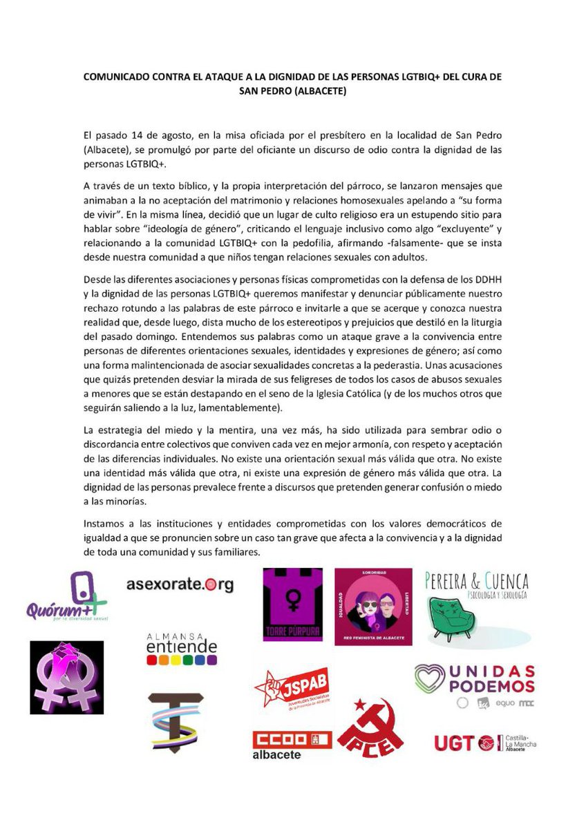 Usar los púlpitos para extender los bulos y el odio de la extrema derecha está feo.
Que lo permita una organización que recibe miles de millones de dinero público está feo.
Todo nuestro apoyo al colectivo LGTBI+ y nuestra condena a los mensajes de odio, vengan de donde vengan.