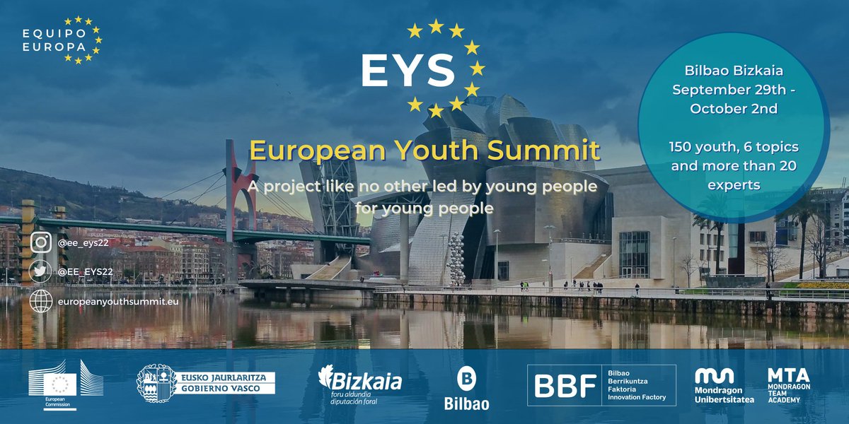 ComisionEuropea's tweet photo. ¡Participa en lala Cumbre Europea de la Juventud (EYS)!
@Equipo_Europa 

La ciudad de Bilbao acogerá a 150 jóvenes de toda Europa, 6 temáticas y +20 expertos trabajando juntos. 🇪🇺 ¡INSCRIPCIONES ABIERTAS!

Más info 👉 https://t.co/NFZdmAUzSW https://t.co/tQQ7Sz1TQJ