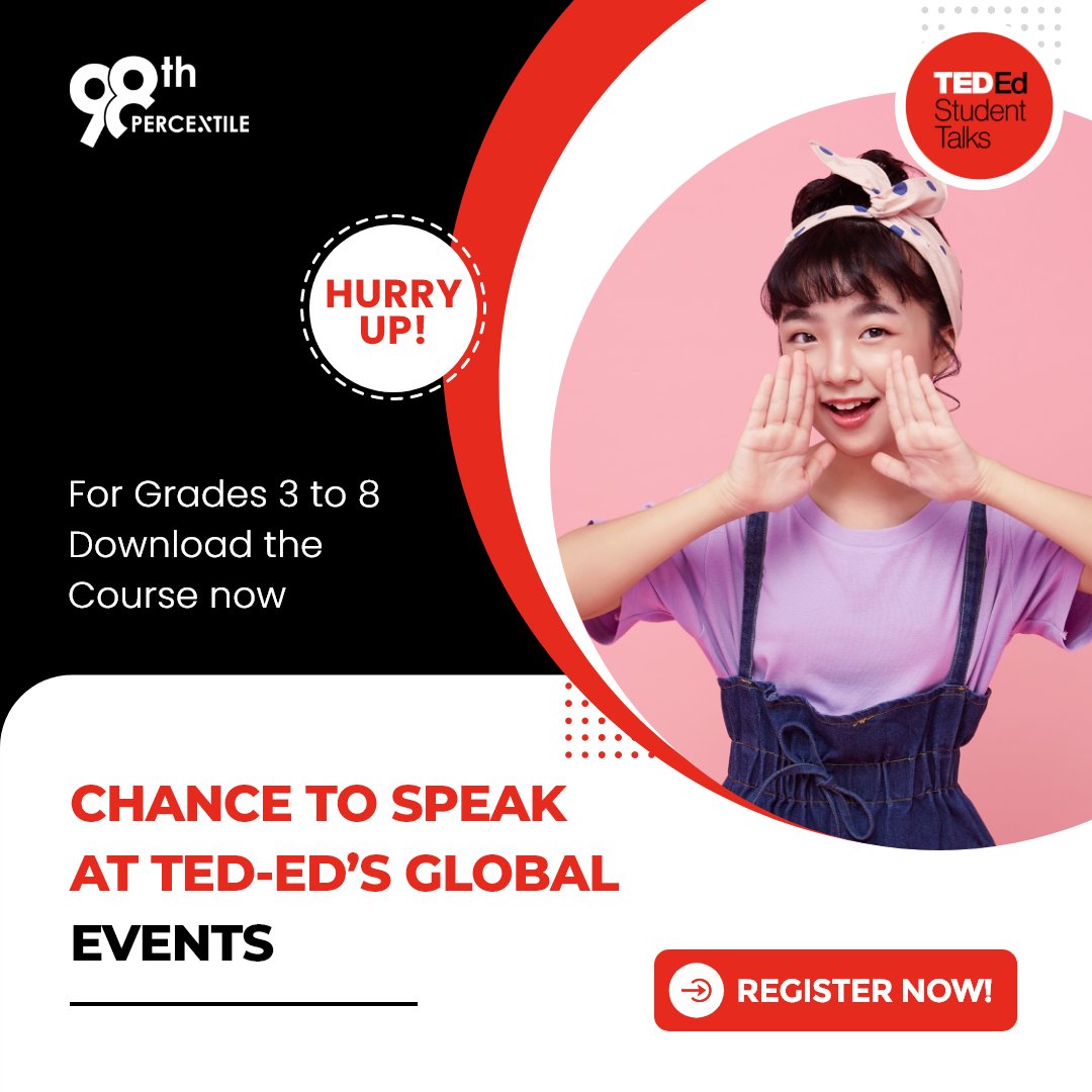 Learn to give the best TED- Talk with #98thPercentile with this TED-ED MASTER COURSE!
Also, stand a chance to be featured on TED's YouTube channel.
Download Now: bit.ly/3wdBd1s
Grades: 3 to 8
 #ted #teded #studenttalks #masterclass # mastercourse #free #backtoschool