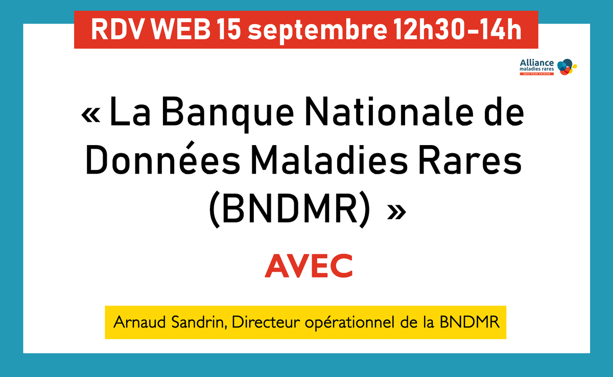 AllianceMR's tweet photo. 📅 [SAVE THE DATE #RDVWEB] 

⏰ Ne ratez pas le RDV web dédié à La Banque Nationale de Données Maladies rares (#BNDMR) ! 

⚠️ Inscription obligatoire : https://t.co/bkz1ANGaD0

👉 + d'infos : https://t.co/CBqX9HgueP
 
Faisons alliance pour les #maladiesrares 🤝 https://t.co/TdKaM2q6Ap