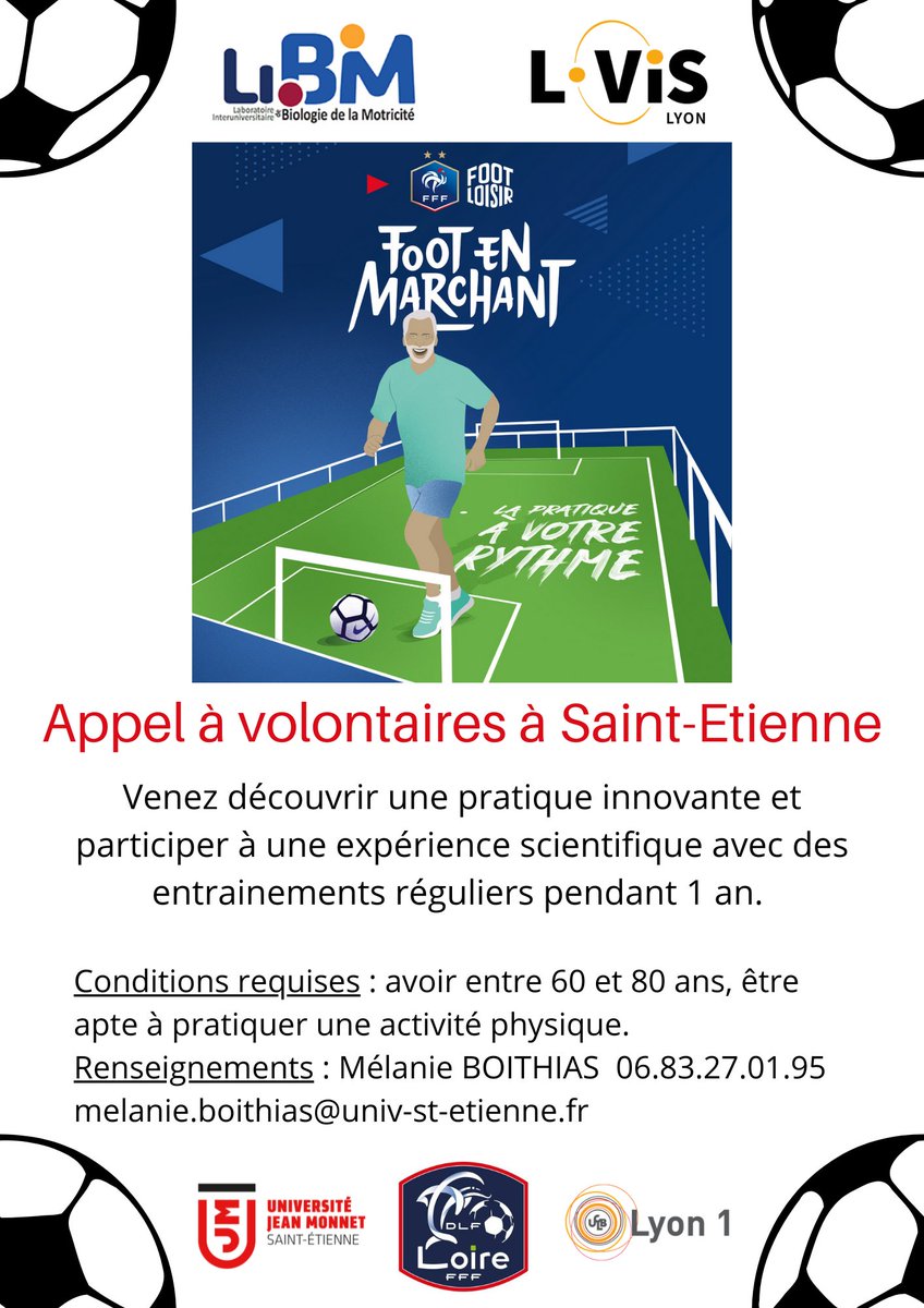 🚨Appel à volontaires 🚨 ⚽️ Foot en marchant, 2 fois par semaine 🙋‍♀️🙋🏼‍♂️hommes, femmes entre 60 et 80 ans 📍Saint-Etienne et alentours Contact :👇