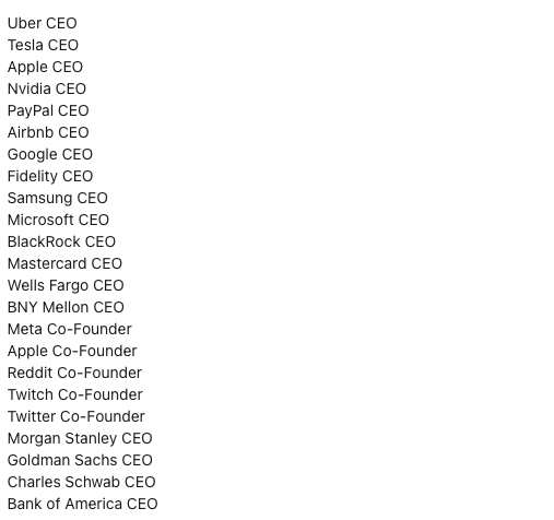 #Blockchain technology and #crypto are increasingly considered by many top-level executives. Here are some CEOs that believe in crypto/blockchain:

You might not believe in it, but they do!

Source: <a href="/blockworks/"></a>

#blockchain #technology #ceo #crypto