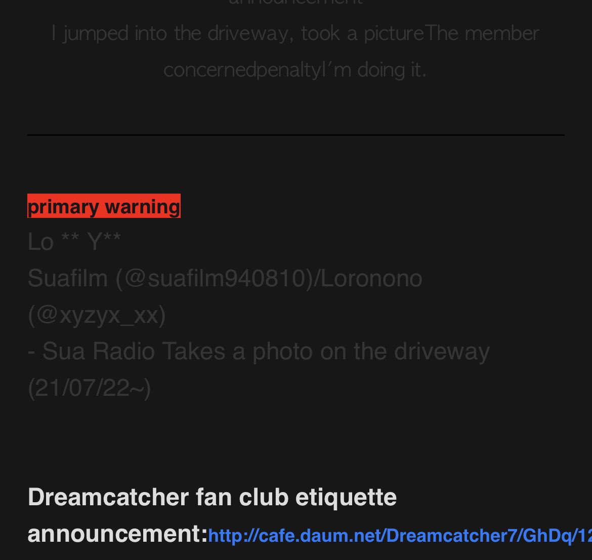 okay i really need you guys to STOP SUPPORTING THIS FANSITE. THEY ARE ALREADY ON PROBATION FROM THE OFFICIAL FANCAFE FOR DOING THIS SAME THING. THEY ARE NOT RESPECTING SU A. THEY KEEP FOLLOWING HER INTO THE DRIVEWAY. THIS HAS BEEN HAPPENING FOR A LONG TIME.

#SUA #DREAMCATCHER
