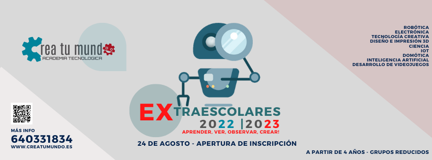 _CreaTuMundo_'s tweet photo. El próximo 24 de agosto abrimos la inscripción para nuestra propuesta de actividades extraescolares para el curso 2022/2023.
Muy pronto publicaremos los horarios para un nuevo curso cargado de sorpresas...

#extraescolares #robotica @alicante #videojuegos #creatumundo https://t.co/rzterg2LQm