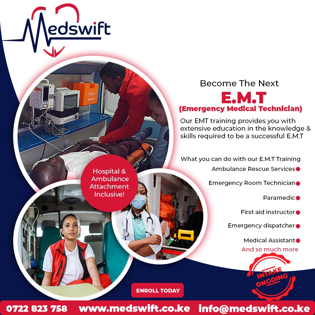 medswift's tweet image. Are you a high school graduate passionate about being a Paramedic? Begin your journey in EMT Training with us, you will be able to provide pre-hospital emergency care &amp;amp; the ability to work in a multi-discipline healthcare profession.
Call/Whatsapp: 0722 823758 
#EMT #EMTTraining