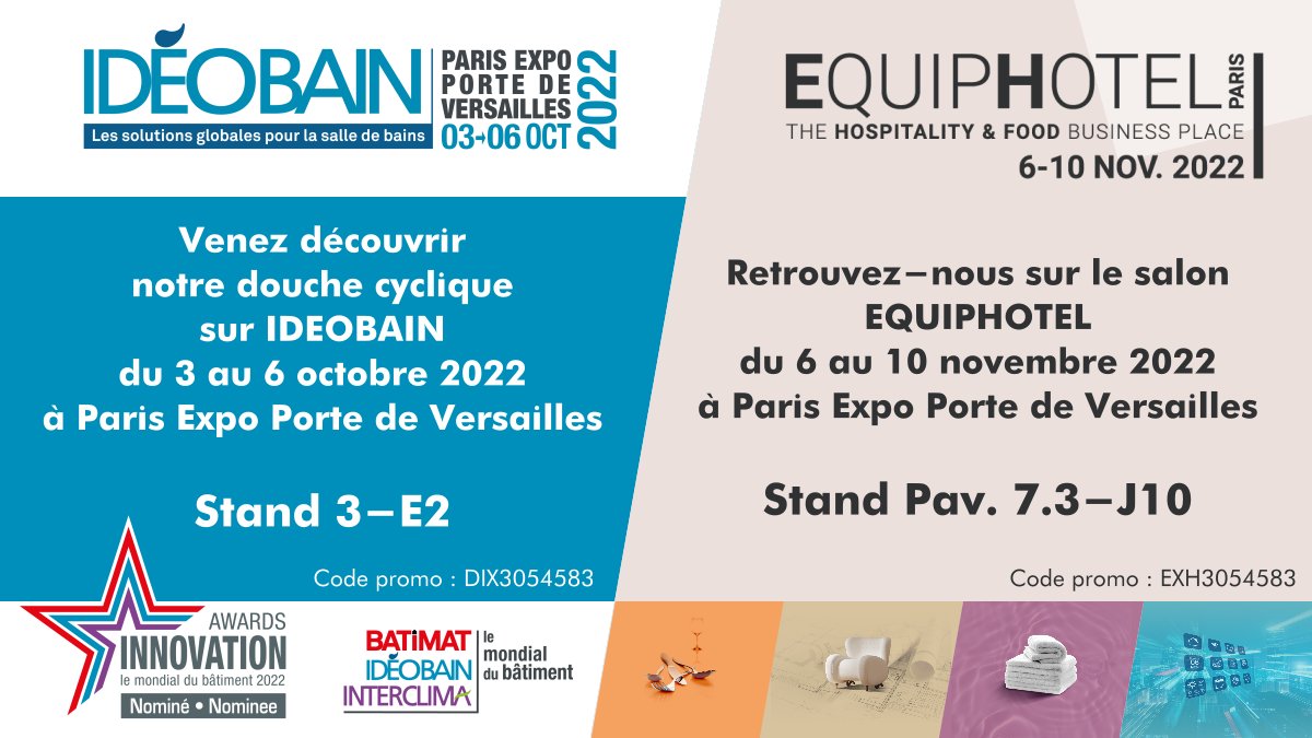 IlyaTechTLS's tweet photo. Nous serons présents sur deux salons professionnels cet automne :
📅 du 3 au 6 octobre à @salon_Ideobain📍Pav 3-E2
👉https://t.co/xYTLSQ1uHR
📅 du 6 au 10 novembre à @Equiphotelparis📍 Pav 7.3-J10
👉https://t.co/kzleqFBoou
#award #innovation #douchecyclique #ParisExpo https://t.co/uRkde1x4V3