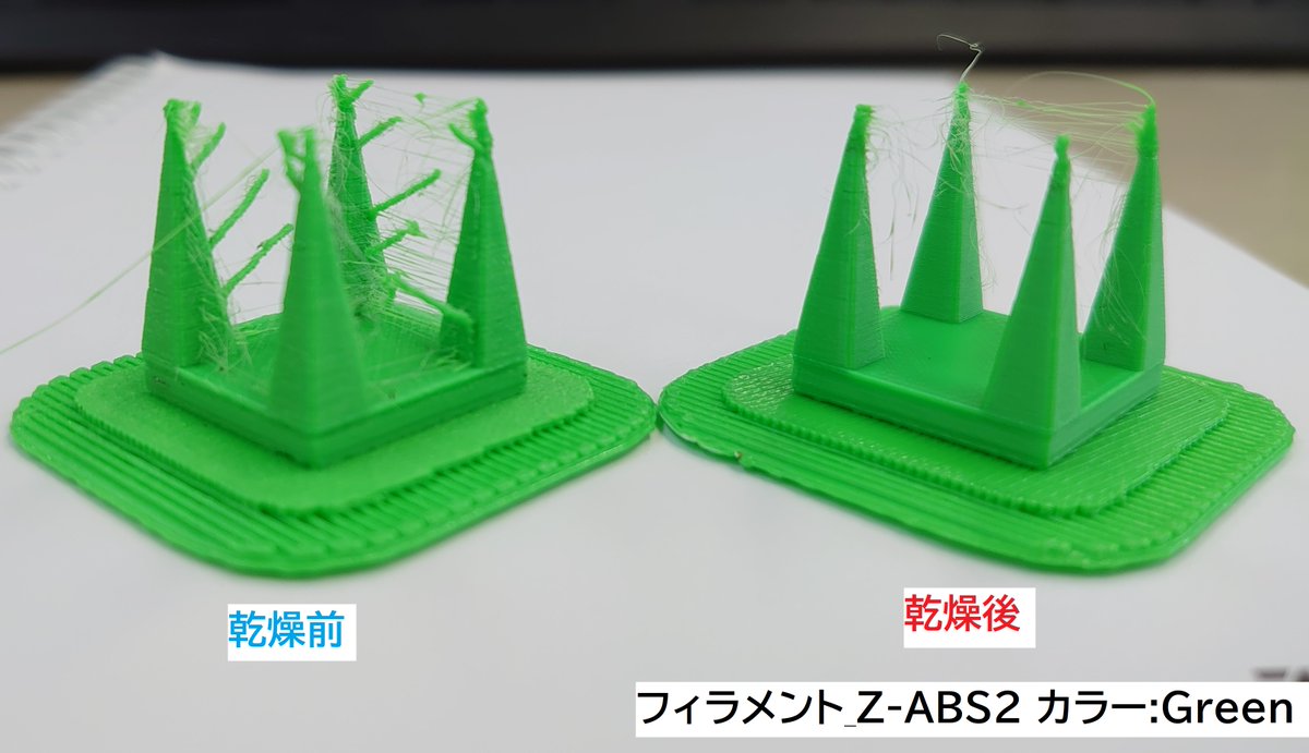 sin_3dprinter's tweet photo. フィラメントの湿気対策は欠かせません

Zortrax Z-ABS2 フィラメントを定温乾燥機で乾燥
【丸2日間_60℃】
フィラメント残重量が【乾燥前:567g 乾燥後:564g】と
3g程軽くなりました。

プリント結果にも顕著に違いが！

#3Dプリンター https://t.co/kcBDHB8A7g