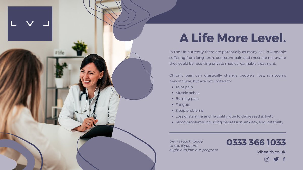 HealthLvl's tweet photo. In the UK currently there are potentially as many as 1 in 4 people suffering from long-term, persistent pain and most are not aware they could be receiving private medical cannabis treatment.

Apply for a consultation today at https://t.co/15ygyDsVxw
Or call us on 0333 366 1033 https://t.co/T1YLWVwq6A