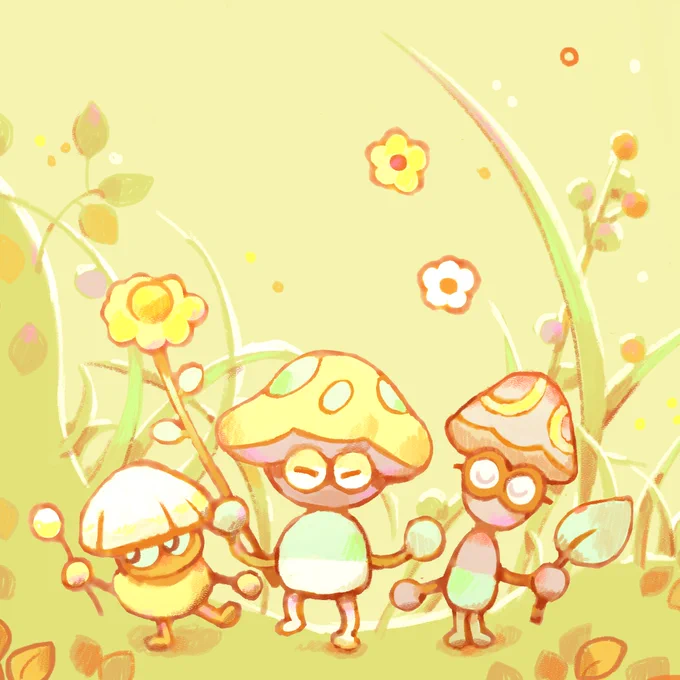 Mushroom Dance! Here they come, ready to boogie with -or around you!  Full image available as wallpaper for Patrons :) Link in bio ☆ ～('▽^人) 