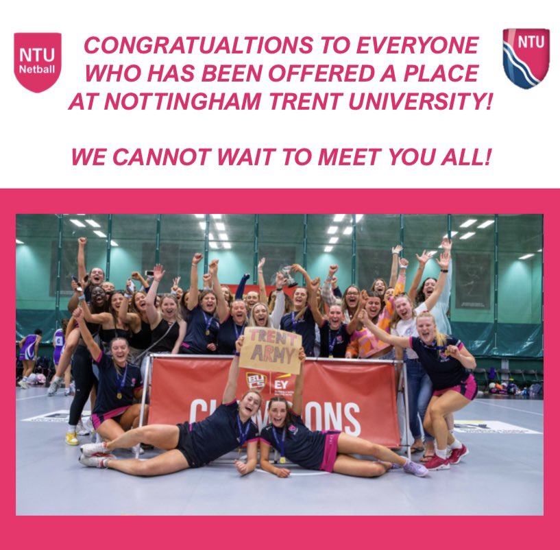 ntunetball's tweet photo. Huge well done to everyone receiving their A-level results today, and will be joining @TrentUni Looking forward to meeting you in September! 💗✨🥳

More information about what NTU Netball has to offer, and trials information will be released soon!
#NTUNetball #NettyLove #Netball https://t.co/uzfY4nKnWA