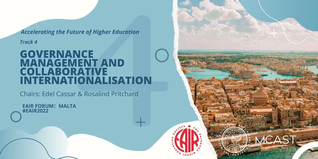 Connect with Edel Cassar (MCAST) &amp; Rosalind Pritchard (Ulster University) as they chair TRACK 4: “Governance Management and Collaborative Internationalisation”, one of our most popular tracks with over 60 proposals submitted! #EAIR2022 buff.ly/3PojKtP