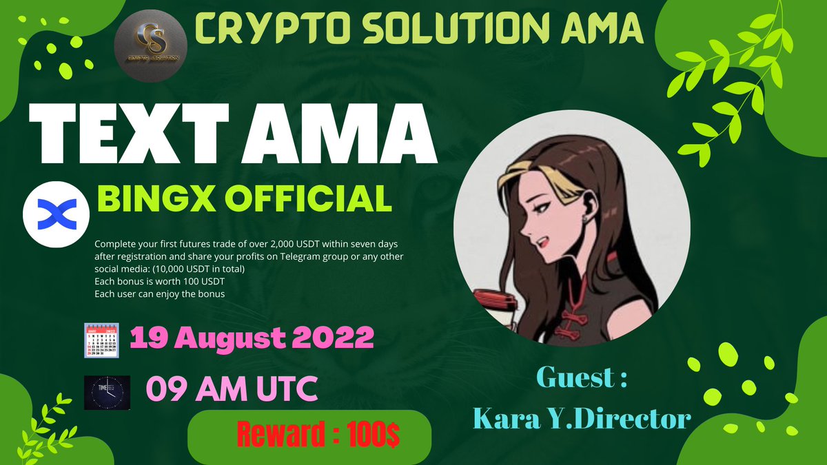 🔊 #TEXT AMA Crypto Solution Glad To Announce AMA with BingXOfficial ⏰ Date & Time: 19/08/22 At 09 AM UTC 💰Rewards Pool: 100$ 🏠Venue: t.me/CryptoSolution… 〽️Rules: 1⃣ Follow @CryptoSolutionG & @BingXOfficial 2⃣ Like & Retweete 3⃣ Comment Questions & Tag 3 Friend