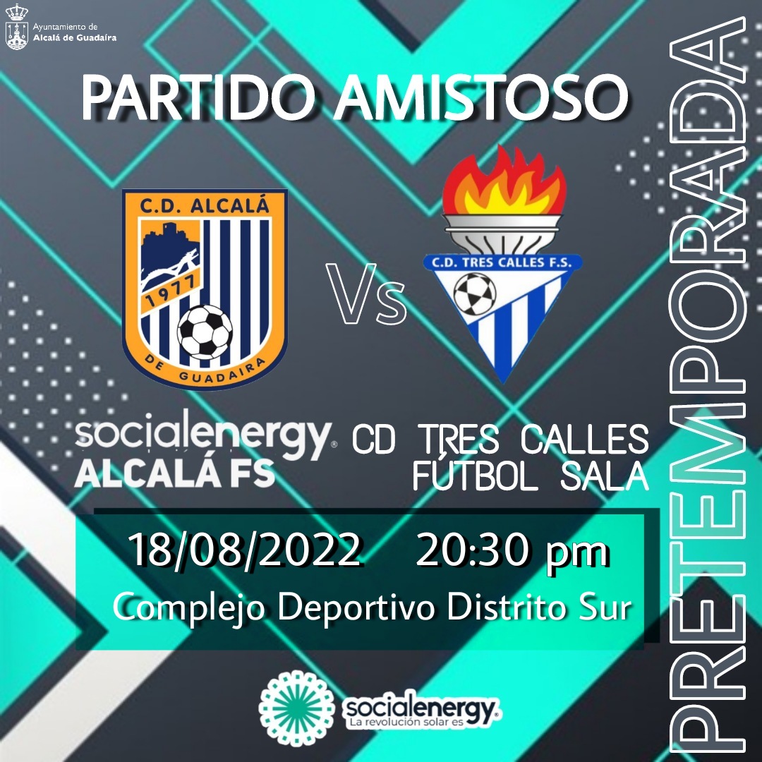 📣 ¡Llega la primera prueba de la #pretemporada!⚽💙

Hoy a las 🕣 20:30 horas el #SocialEnergy Alcalá FS recibe en el Complejo Deportivo Distrito Sur al 🆚 <a href="/CDTRESCALLESFS/">C.D. TRES CALLES F.S.</a>.

ℹ️ La entrada será libre para todo aquel aficionado que quiera acudir al partido.

#Somos41500