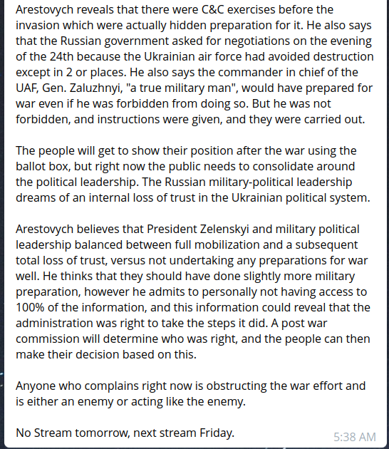 Day 175, August 17. Summary of #Arestovych and #Feygin daily broadcast. Summary written by @childsacrifice1 

Text version: wartranslated.com/day-175-august…

Very unusual format, and very interesting broadcast.