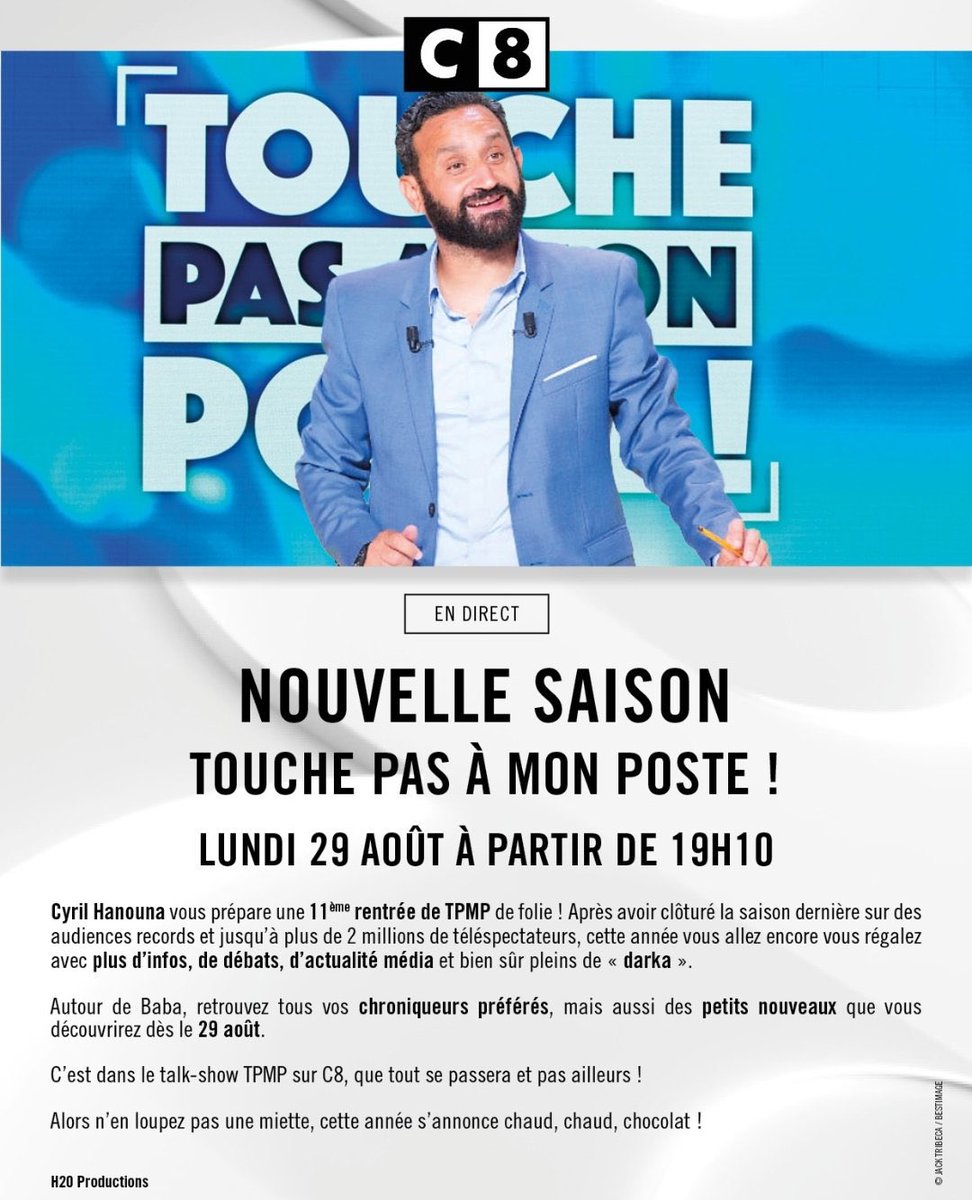 Mes chéris je vous donne rendez-vous le lundi 29 août à partir de 19h10 sur <a href="/C8TV/">C8</a> pour une nouvelle saison de folie! 

J ai trop hâte de vous retrouver, et on sera toujours en direct! 💙