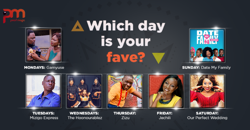 PearlMagicTV's tweet photo. Pearl Magic brings you unmatched entertainment all day, every day! π₯
Let us know in the comments which day is your #PearlMagic day.π
#Gamyuse #MizigoExpress #TheHonourablez #Zizu #Jechili #OurPerfectWedding #DateMyFamily