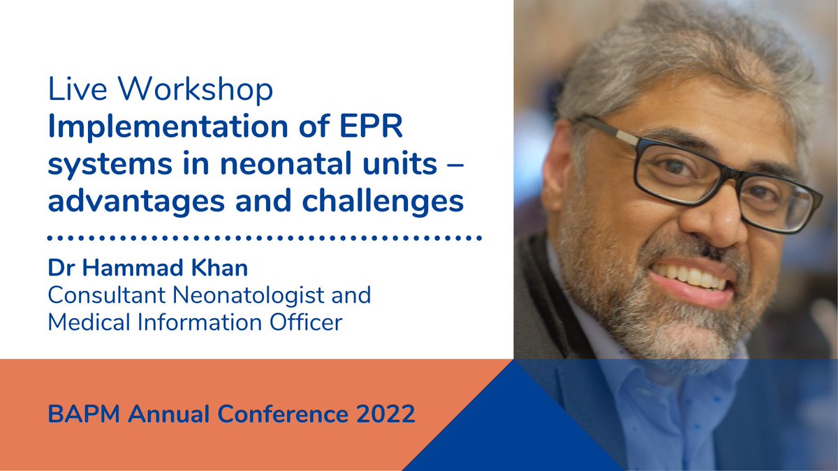 BAPM_Official's tweet photo. Another fantastic workshop planned for the Annual Conference will see @drhammadkhan tacking the implementation of EPR systems in neonatal units.
View the full programme and book your place now> https://t.co/y2NQl23zIS https://t.co/m4MqBeQvN1