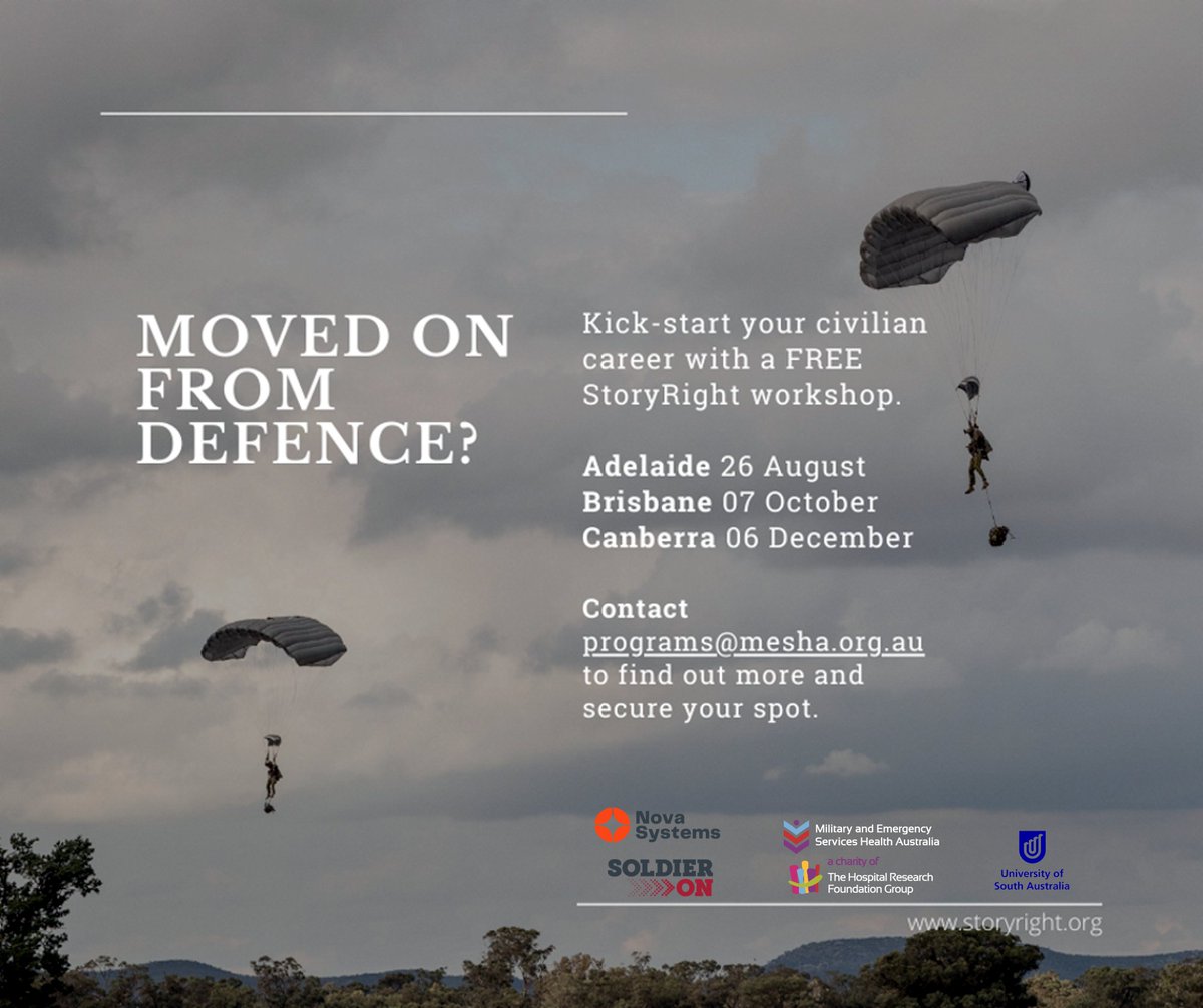 Moved on from #defence? Are you based in #Adelaide? Kick-start your civilian #career with a FREE <a href="/StoryRight1/">StoryRight</a> workshop! Places are still available -- contact us today to secure one of these remaining spots for our Adelaide course! Contact (08) 7002 0880 secure your spot today!