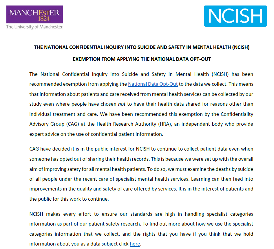 NCISH_UK's tweet photo. We have been recommended exemption from applying the #NationalDataOptOut to data we collect. We can collect information about patients & care received from #MentalHealth services even where people have chosen not to have their health data shared. https://t.co/woMCSbSzIL https://t.co/3qEmwM0XSv