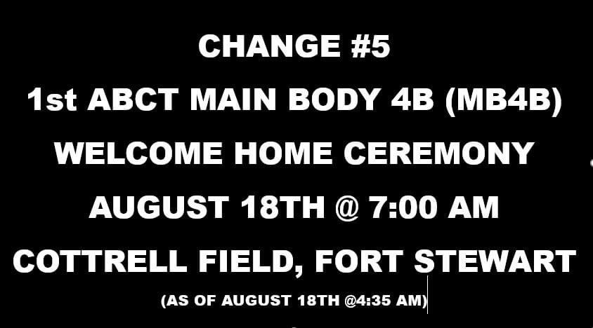 3rd_Infantry's tweet image. CHANGE #5- Raider 1st Armored Brigade Combat Team, 3rd Infantry Division, 3rd Infantry Division Main Body 4B (MB 4B) Welcome Home Ceremony will be held on August 18th at 7:00 a.m. on Cottrell Field on Fort Stewart.
Updates:
home.army.mil/.../dptms-head…
#RaidersFirst #ROTM