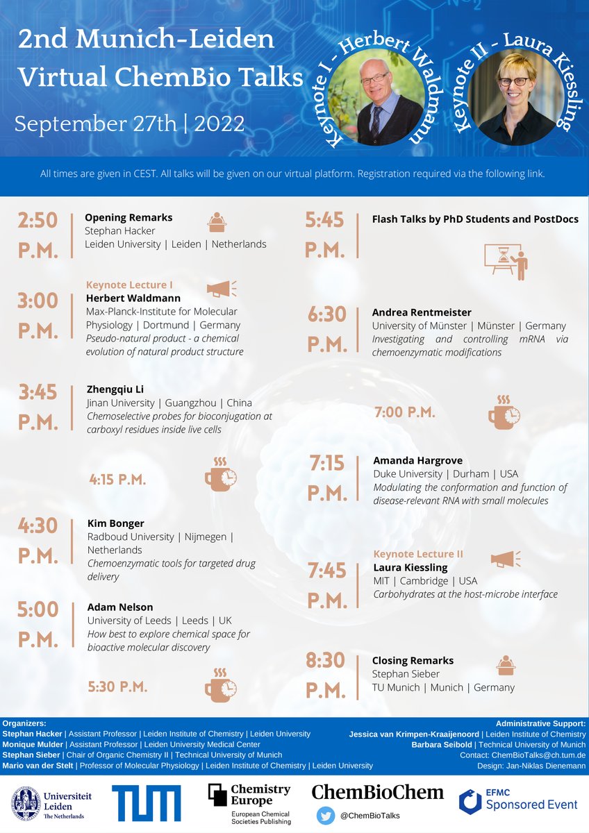 📢 Already signed up for the 2nd Munich-Leiden Virtual <a href="/ChemBioTalks/">Virtual ChemBioTalks (inactive account)</a>?

🗓️ September 27th, 2022

Register for free at: events.bizzabo.com/402968?promo=T…

Talks by: <a href="/ChemicalBiology/">Laura Kiessling</a>, Herbert Waldmann, Zhengqiu Li, @kimbonger, <a href="/Adam_S_Nelson/">Adam Nelson</a>, <a href="/RentmeisterLab/">Andrea Rentmeister</a>, and <a href="/hargrovelab/">Amanda Hargrove</a>.