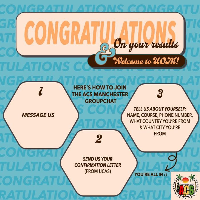 Congratulations to everyone on their results, well done for getting into the University of Manchester🥳. In order to join the ACS group chat, you just need to follow a few steps :