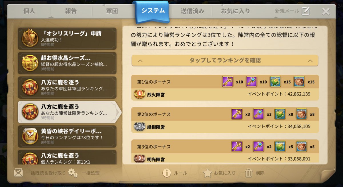 trafalgar_roy's tweet photo. 無事2361は#C11459の八方勝ちました。
軍団ランキング1位🏆
陣営ランキング3位
個人ランキング13位
かなりハードなkvkでしたがとても楽しかったです😆
移民の問合せが殺到してちょっと禿げそうです。
日本人プレイヤーの移民も既に何人か確定してます。ワクワク💓
#ライキン #so8 #61HX https://t.co/xQZpOUf4bz