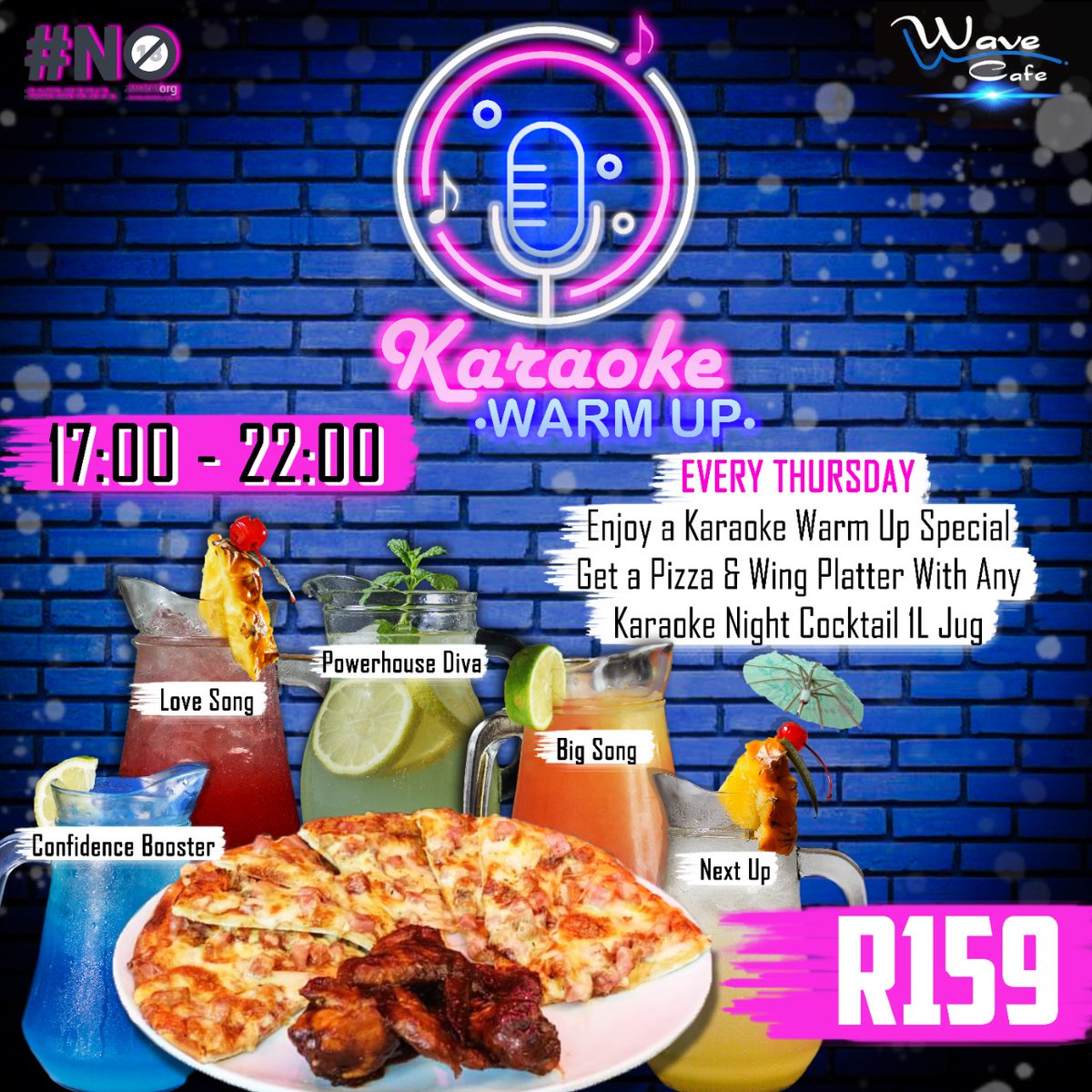 WaveCafeSA's tweet photo. Join us EVERY THURSDAY For a Pizza &amp; Wing  Platter with ANY Karaoke Night Cocktail Jugs👏
(Confidence Booster, Love Song, Powerhouse Diva, Big Song &amp; Next Up) For ONLY R159😱

Then sing your ❤ out with Belinda from 19:00 - 22:00 followed by DJ's Nature &amp; Mseti 👌

#Empangeni https://t.co/WQ8Uznd0iJ