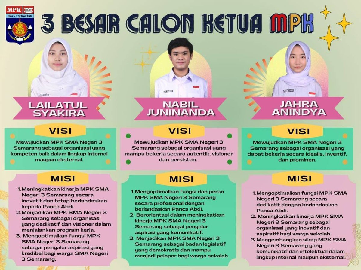 Halo, Satria Ganesha! 🐘
MPK SMA Negeri 3 Semarang
Proudly Presents

📣 𝐅𝐨𝐫𝐮𝐦 𝟑 𝐁𝐞𝐬𝐚𝐫 𝐂𝐚𝐥𝐨𝐧 𝐊𝐞𝐭𝐮𝐚 𝐌𝐏𝐊 📣

Akan dilaksanakan pada:
Hari/tanggal : Kamis, 18 Agustus 2022
Waktu            : 15.40 WIB - Selesai
Tempat          : Ruang Multimedia