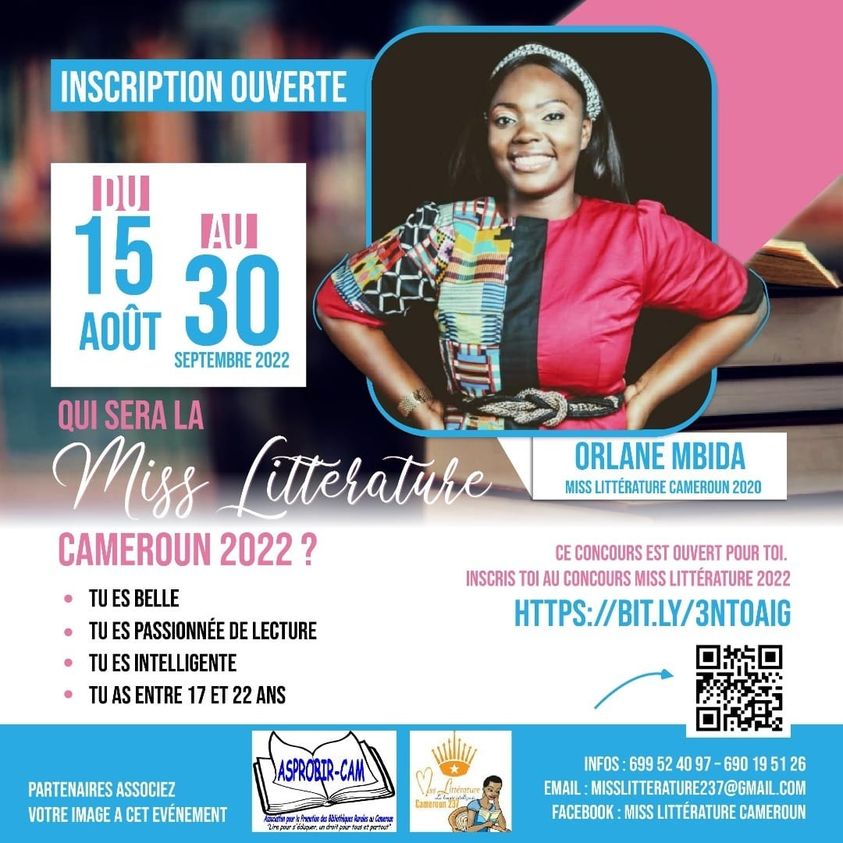 Spiritofbook's tweet photo. #CAMEROUN MISS LITTERATURE 2022
Tu as entre 17 et 23 ans, belle, passionnée de lecture et intelligente, inscris-toi entre le 15 août au 30 septembre 2022, Via ce lien : https://t.co/G4FtHEZ3EW
Ou téléphone : 699 52 40 97 - 690 19 51 26  
Facebook : Miss Littérature Cameroun https://t.co/C3RG3erTvG