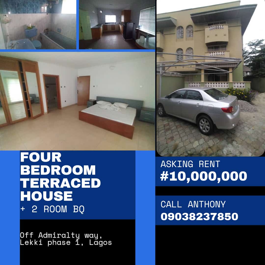 To let: 4 bedroom terraced house with 2 room bq at admiralty way, lekki phase 1.
Rent:# 10,000,000
Location: lekki #lagos