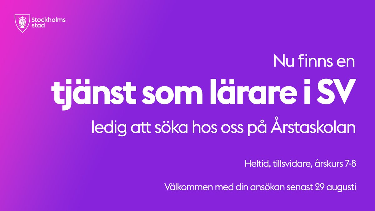 Nu har vi en tjänst ledig som lärare i svenska. Heltid, tillvidare och gäller årskurs 7 och 8. Välkommen med din ansökan senast 29 augusti!
Dela gärna till någon du tror skulle vara intresserad. Tack!
stockholmsstad.varbi.com/se/what:job/jo…