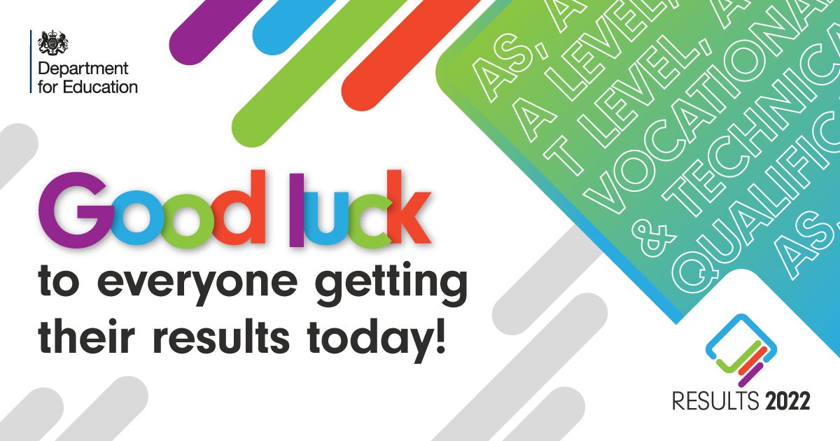 Good Luck to all young people receiving their AS, A level, T Level, vocational and technical qualification results today! #ResultsDay2022
